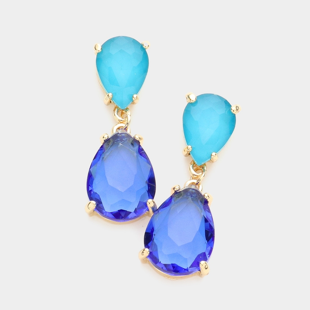 Blue Sapphire Dangle Crystal Teardrop Earrings 1.4 Inch Evening Drop Link Womens